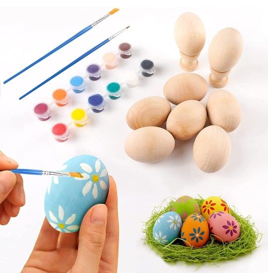 8Pcs Unfinished Wood Easter Craft Fake Eggs DIY Hand-Painted Colorful Graffiti Wood Eggs Logs Solid Wood Kindergarten Hand-Painted with Easter Eggs