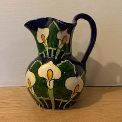 Talavera Pitcher Mexican Pottery Folk Art Calla Lily Flower Cobalt Signed 10 1/2” x 9” A26