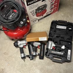 Porter Cable Air Compressor + 4 Nail Gun Bundle Brad Finish Stapler Kit