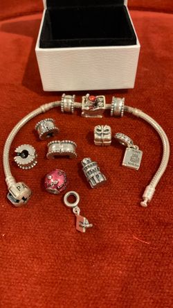 Pandora snake chain, clips and charms