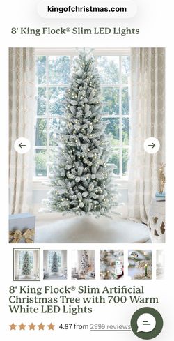 King of Christmas King Flock Slim Lighted Tree 8’ Snow Flocked