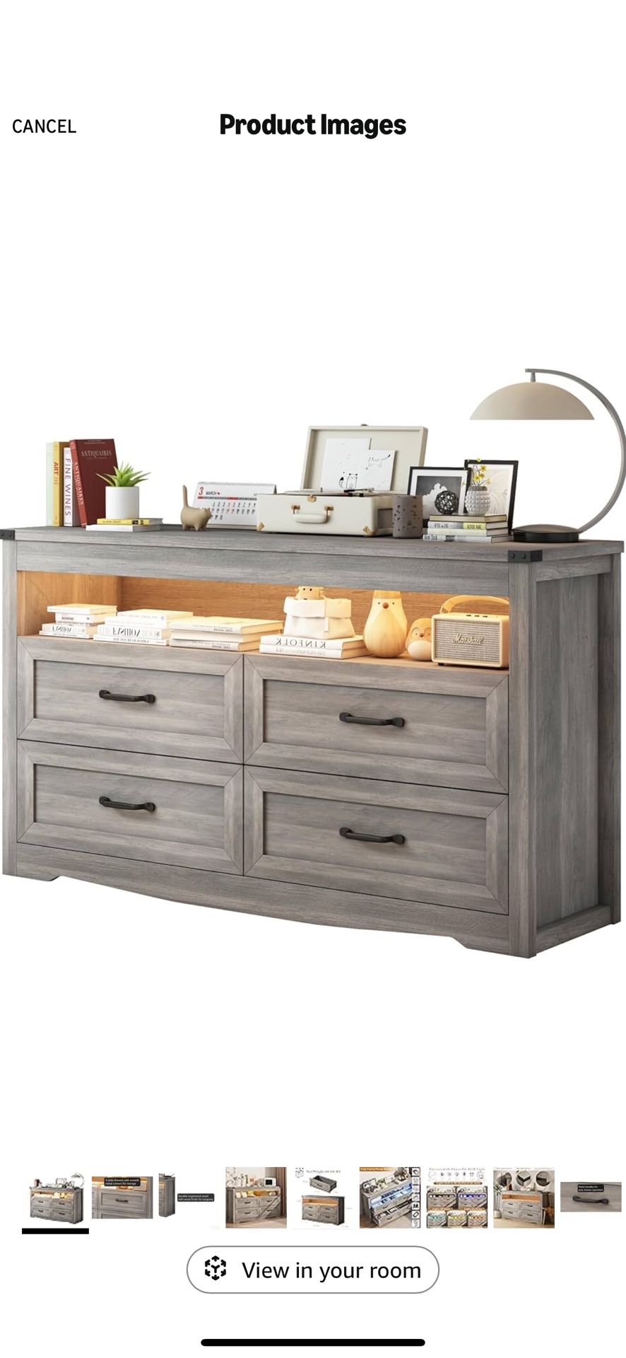 Grey Dresser for Bedroom, Wooden 4 Drawer Dresser with LED Light