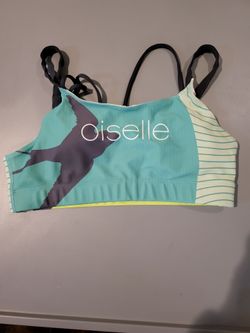 🩵 Oiselle Women’s Size 12 Strappy Sports Bra – Aqua/Lime Bird Print – NEW