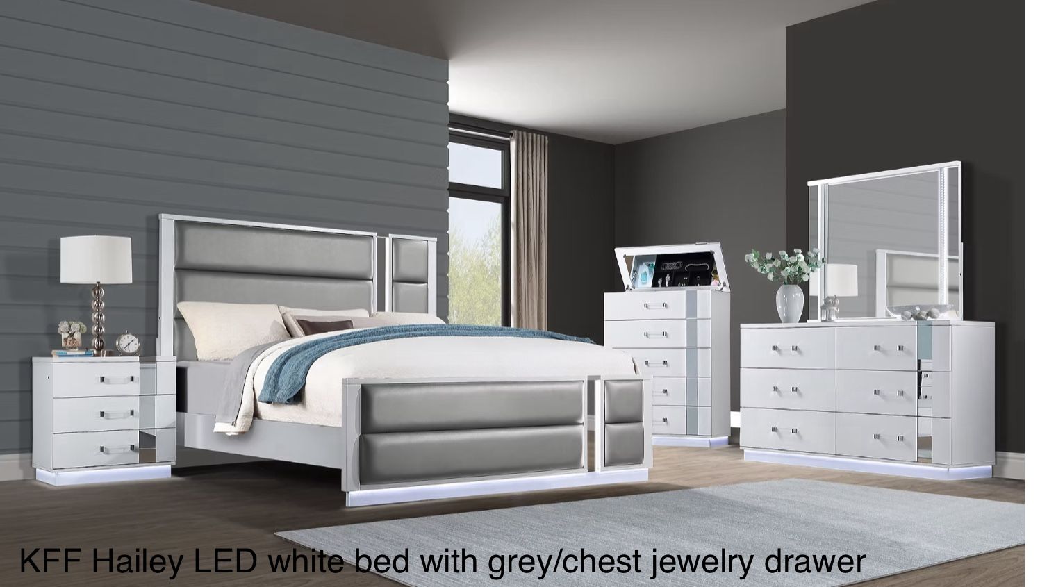 New LED White Bedroom Set Upholstered Headboard/jewelry Drawer Chest/acrylic Legs/hidden Jewelry Drawer Inside Top 2 Drawers Of Dresser