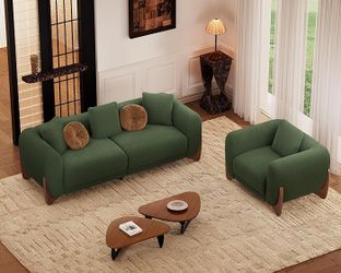 2 Piece Cloud Couch Set, Modern Sherpa Boucle Sofa Set with Wood Legs, Skin-Friendly Minimalist Upholstered Comfy Couch Sofas for Living Room, 3-Seate