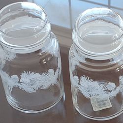 Vintage Libbey FROSTED WINTER Pinecones Pine Christmas CANISTER Cookie Candy Jar Glass Set of 2
