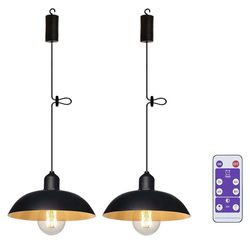 2-Pack Battery Operated Outdoor Pendant Lights with Remote, Industrial Black & Gold Metal Hanging Lamps