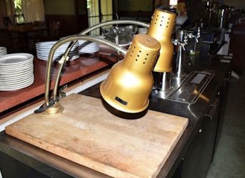 Carving Station Kit with 24" Dual Arm Gold Heat Lamp, Cutting Board- 120V, 500W
