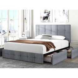 Fabric Queen Bed Frame, 4 Drawers Storage & Adjustable Headboard, Wood Slat Support
