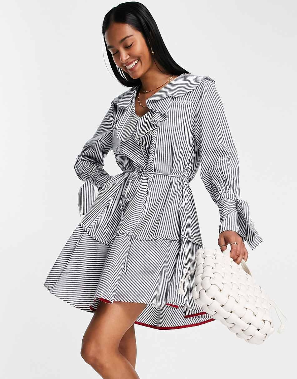 Brand new woman’s French Connection brand White and blue striped Acantha Ruffle Mini dress Up for Sale