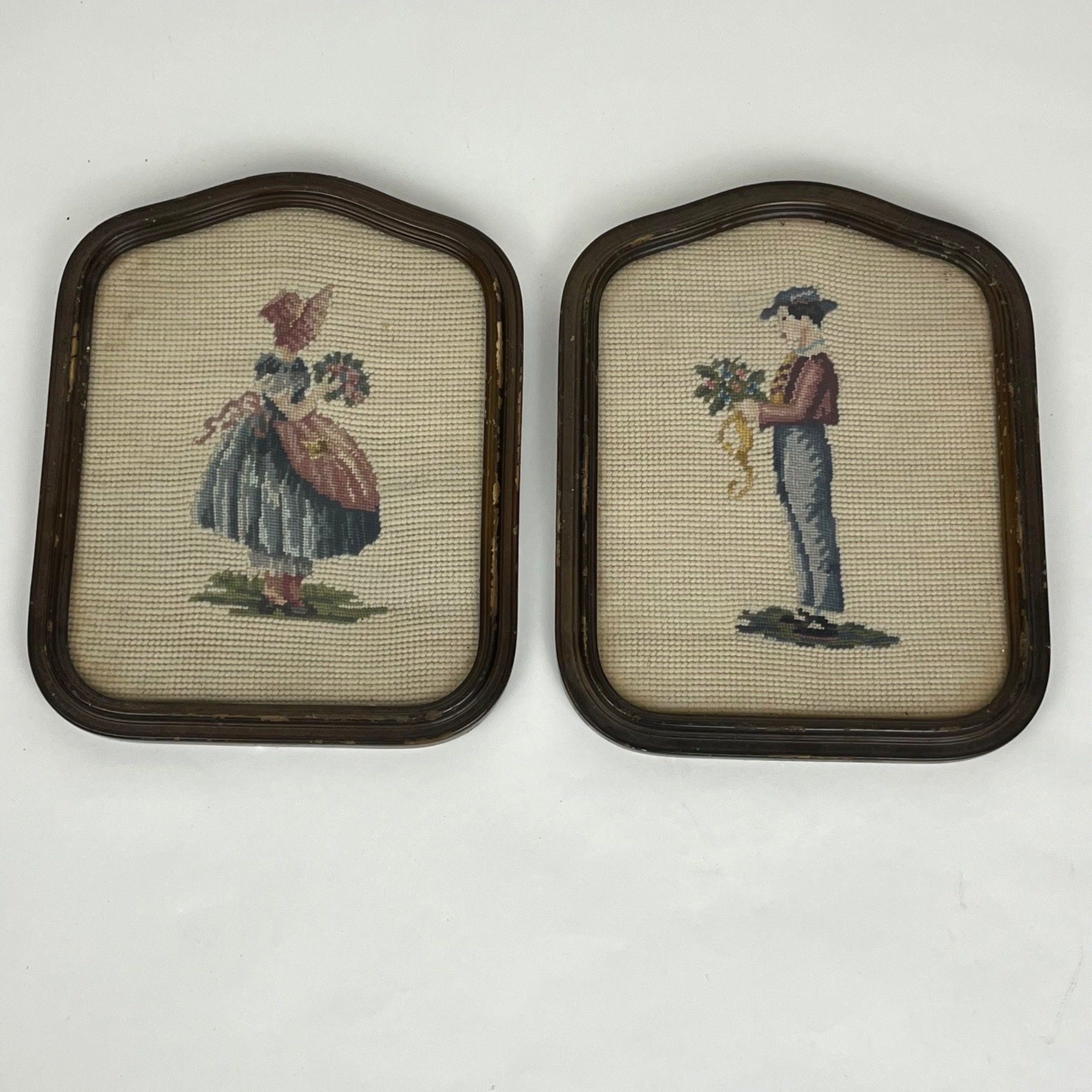 Vintage Needlepoint Framed Wall Art Woman in Bonnet Man with Flowers