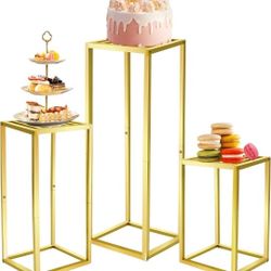 Cylinder Pedestal Stands for Party & Plant,3pcs Square Gold Metal Wedding Flower Display Stand for Centerpieces,15.7/23.6/31.5 inch Tall