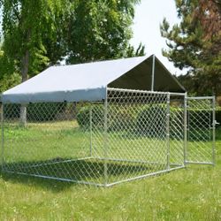New In Box Large Galvanized Dog Kennel - UV Water Resistant TARP Roof,  easy Assembly 6.6' x 6.6' x 7ft Animal Cage 