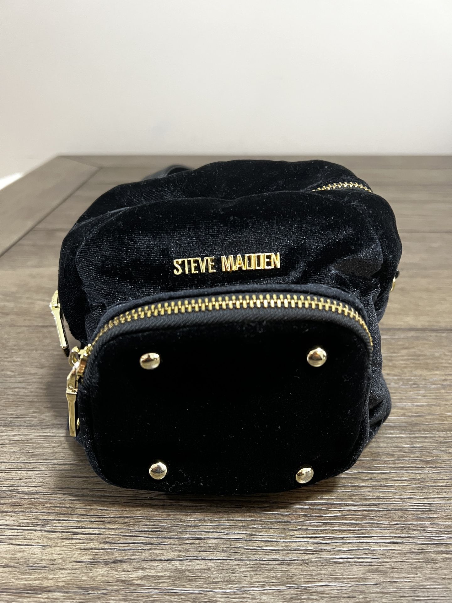 Steve Madden Black and Gold Velvet Mini Backpack
