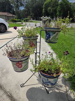 Talavera Style Ceramic Pots with 4-Tier Metal Plant Stand
