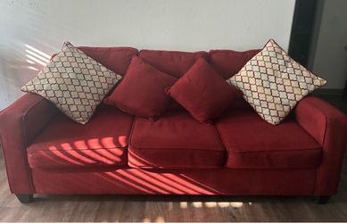 Red Fabric 3-Seat Sofa with Throw Pillows