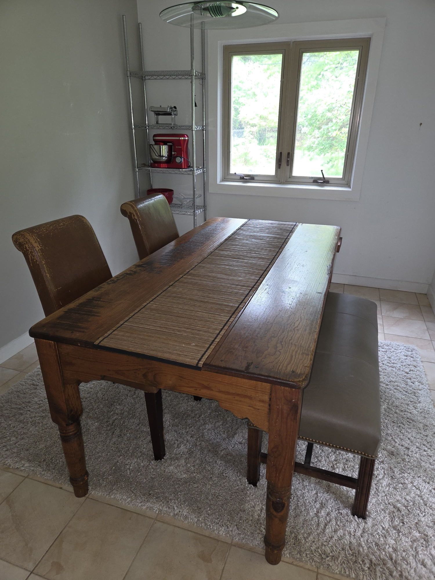 Antique Table And Seated Bench And Two Stools