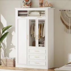 White Wood 48" W 3 Door Armoire Closet with LED 