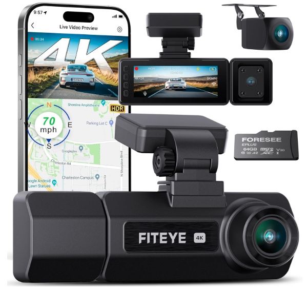 3 Channel 4K Dash Cam, IMX335 STARVIS Sensor, 4K+2K Front and Inside, 2K+1080P+1080P Front and Rear Inside Dash Camera for Cars, Free 64GB Card, Built