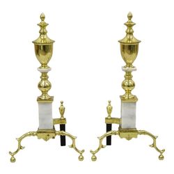 MCM antique brass Marble andirons Federal Style Pair of fireplace fire dogs