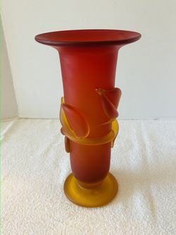 VTG Tommie Rush Studio Art Glass Amber Red Botanical Vase-Signed-Early Piece-UV Reactive