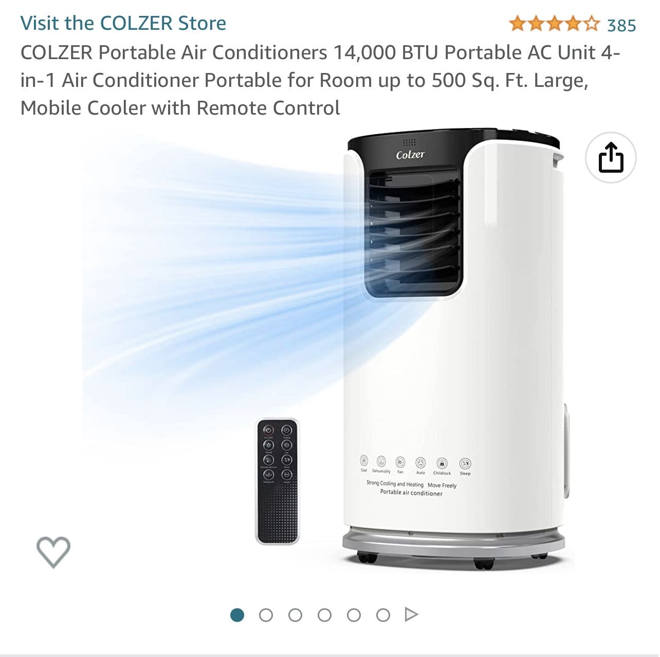 COLZER Portable Air Conditioners 14,000 BTU Portable AC Unit 4-in-1 Air Conditioner Portable for Room up to 500 Sq. Ft. Large, Mobile Cooler with Remo