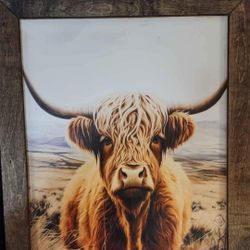 Homemade Stained Wooden Framed Highland Cow Decor