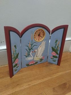 Vintage-Style Swan Clock Features A Hinged, Three-Panel Tower With Painted Blue Background New