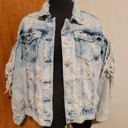 Thrill Jeans Jacket Large Women’s Distressed blue cotton denim Jacket Acid Wash