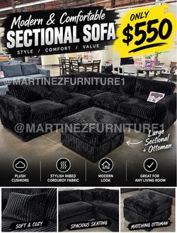 BRAND NEW BLACK JUMBO ONYX CORDUROY SECTIONAL SOFA COUCH WITH OTTOMAN