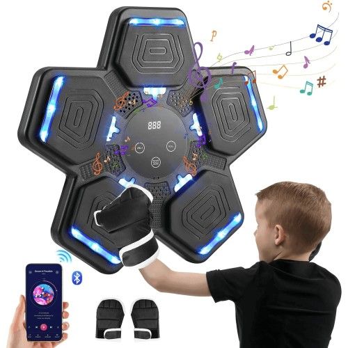 Music Boxing Machine, Wall Mounted One Punch Boxing Machine, Boxing Training Punching Equipment, Smart Boxing Pad with LED Light and Music for Kids, A
