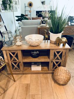 TV console buffet hard scraped pine white wash accents