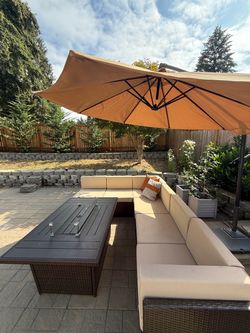 Outdoor Wicker Sectional Sofa Set with Fire Pit Table