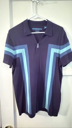 Perry Ellis Zip Neck Polo Navy Geometric Stripe S