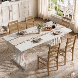 6 Piece- White Wood Dining Table With 5 Solid Wood Dining Chairs 