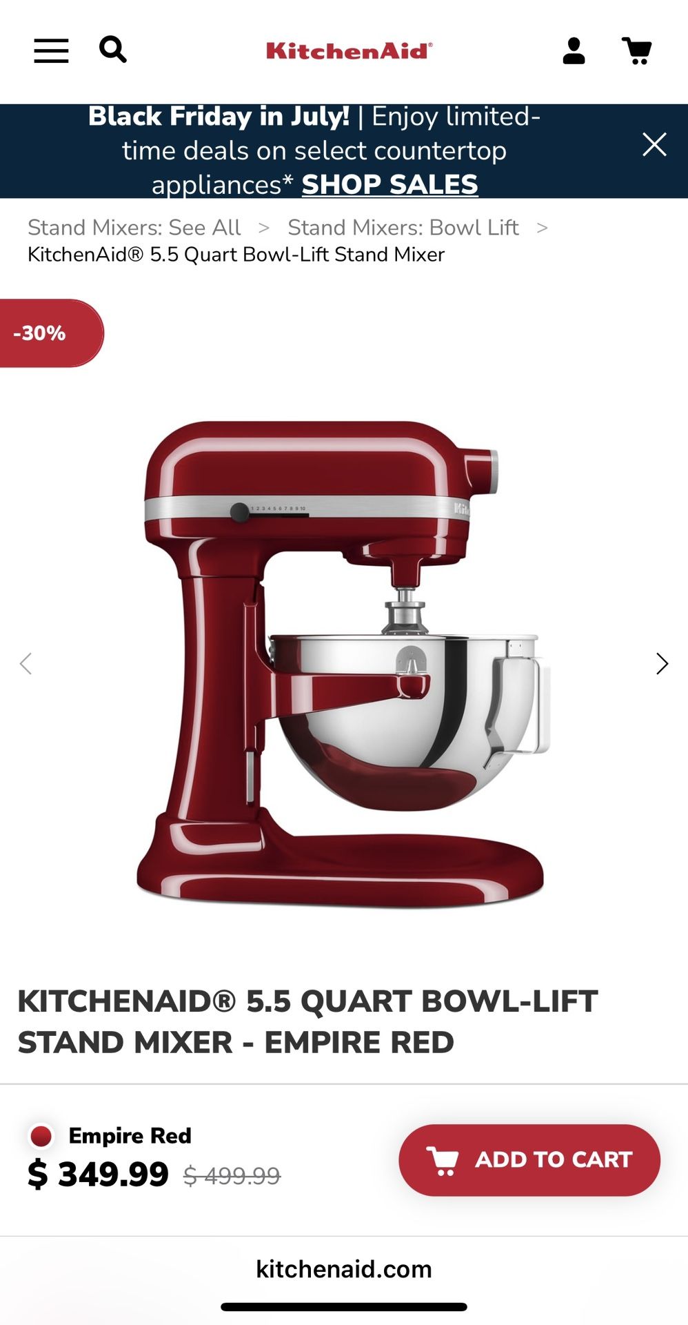 KitchenAid - 5.5 Quart Bowl-Lift Stand Mixer - Empire Red