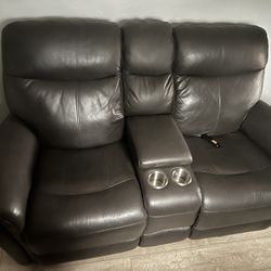 Grey Leather Powered Recliner Sofa / Loveseat Set