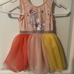 2T Toddler Girl’s Dr. Seuss Cat In Hat Pink Yellow Tulle Tutu Sleeveless Tank Dress With Lining 