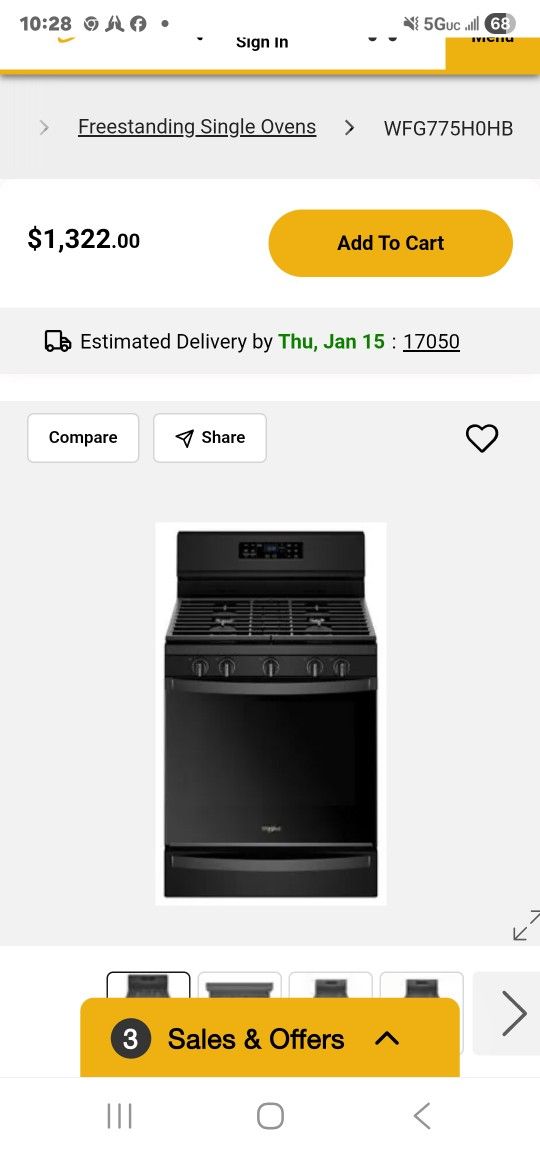 New Whirlpool Black Gas Stove