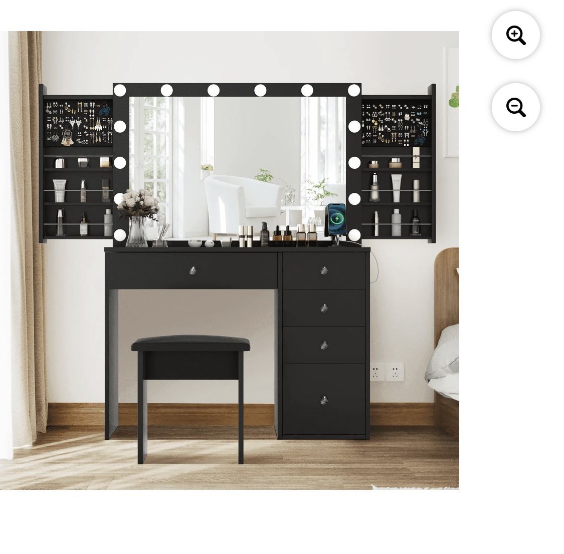 RichYa Modern Makeup Vanity Desk Table with Lighted Mirror and Power Outlet 2 Slidding Storage Cabinet, Black