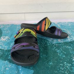 Crocs Classic Seasonal Print Sandal Rainbow Zebra Black Slides