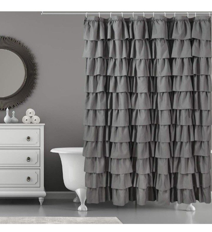 WestWeir Ruffle Shower Curtain,72-inches Extra Long,Grey Ruffled Bath Curtains for Bathroom,Fabric Farmhouse Decor,Soft Touch Decorative Cloth Texture