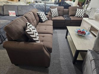 BRAND NEW BROWN LINEN SOFA + LOVESEAT WITH CUP HOLDERS, USB, POWER OUTLETS