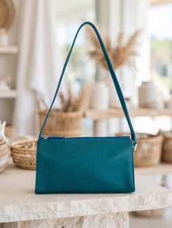 Casual Corner Teal Lizard Leather Baguette Bag Vintage Shoulder Purse Pre-Owned!