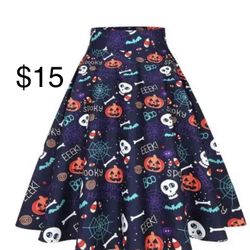 $15 HALLOWEEN A LINE WOMENS WOMANS SKIRT BLACK GREEN PURPLE ORANGE PARTY COSTUME OFFICE WORK SPOOKY EEK PUMPKIN SIZE MEDIUM LARGE M PINUP SKULL NEW