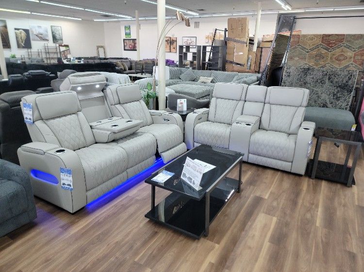 New Top Grain Leather Sofa And Loveseat In Grey. Massage, Heat And Led Lights