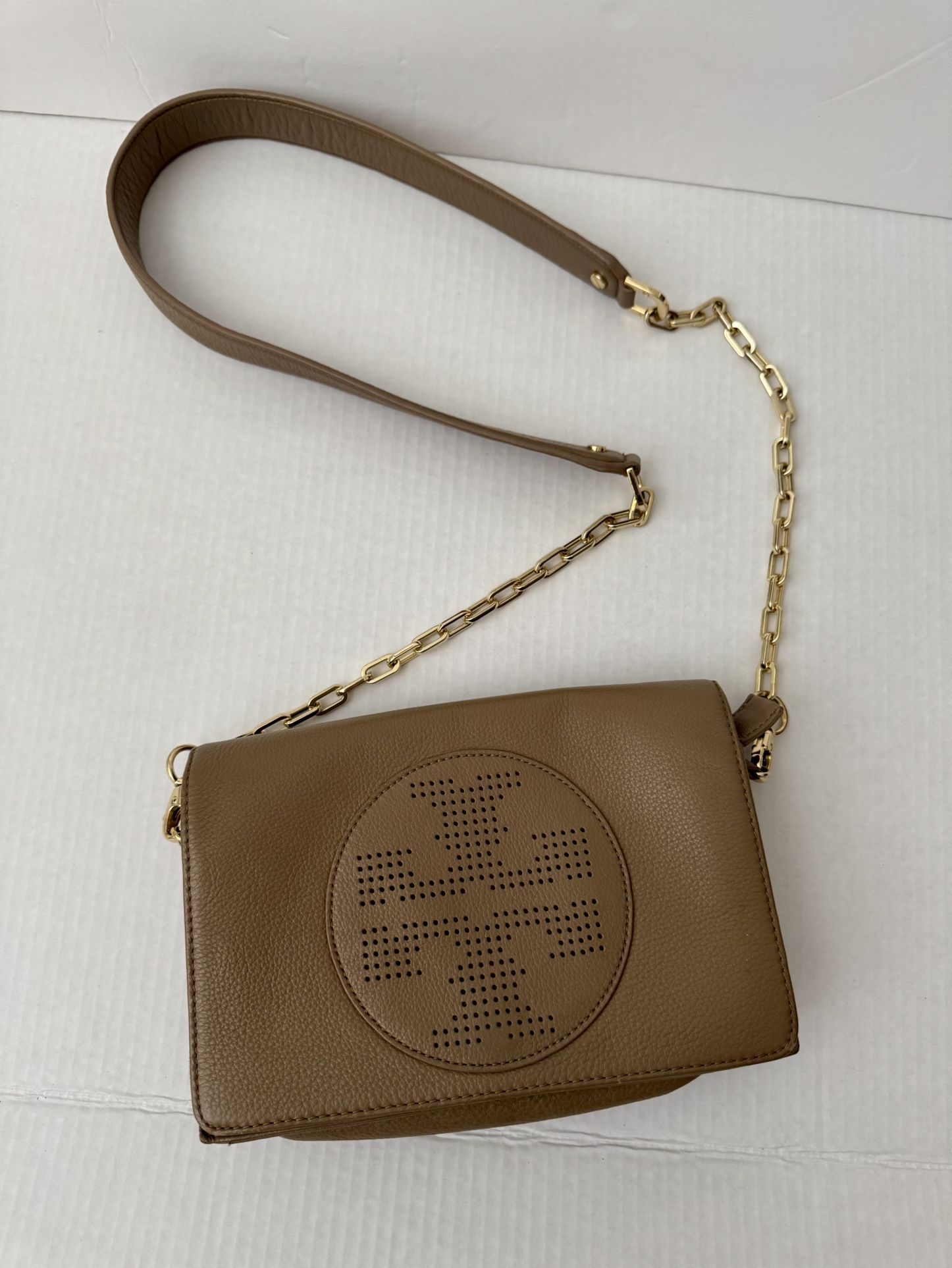 Tory Burch Tan Taupe Brown Leather Bag Purse Crossbody With Gold Hardware