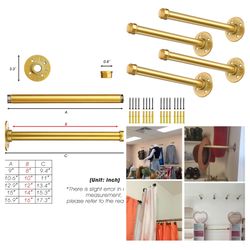 Gold Pipe Shelf Brackets 14 Inch, Industrial Metal Vintage Shelving Bracket, Wall Mounted DIY Iron Pipe Brackets for Floating Shelves, Set of 4
