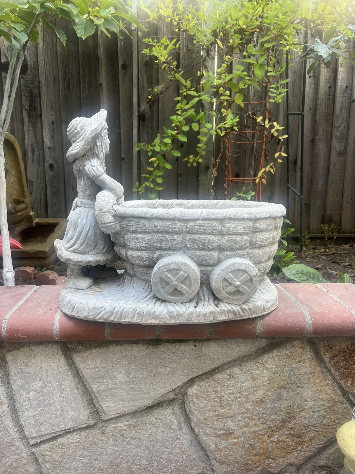 Vintage Cast Stone Girl With Flower Cart Garden Statue 17”x18” X12”