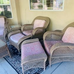 8pc High End Beige Wicker Patio Chair Recliner Table Set